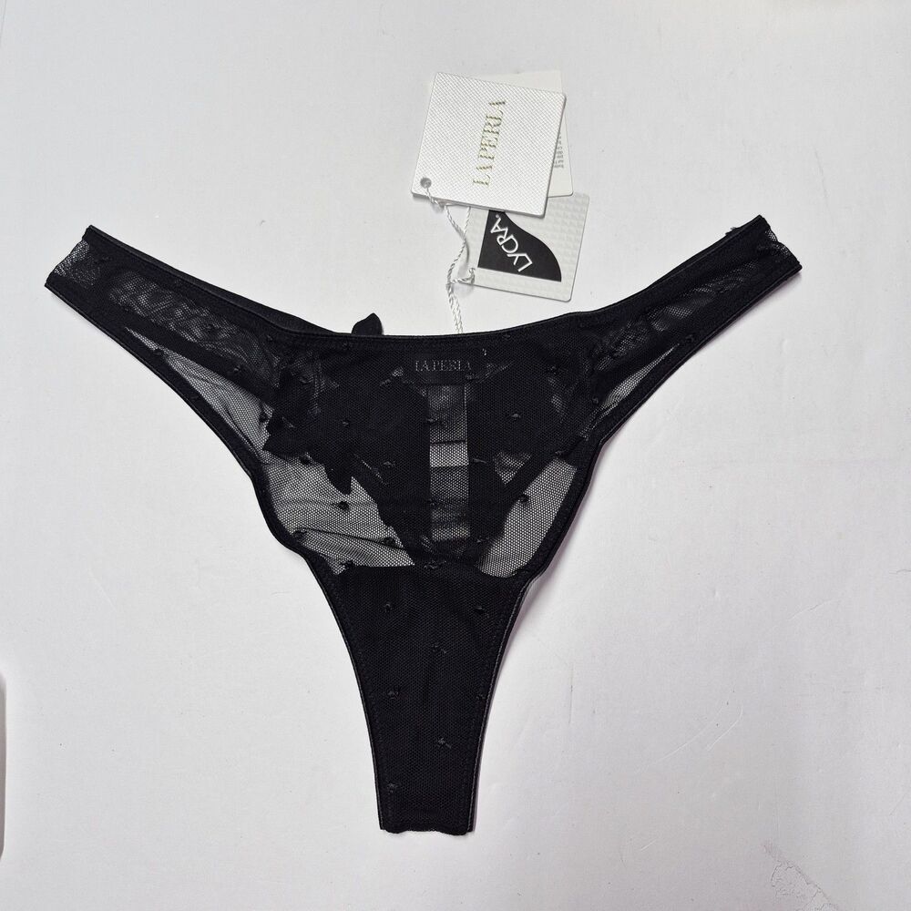 NWT La Perla Black Lace Sheer Mesh Floral Applique Thong Panty Sz S / IT 2 $210
